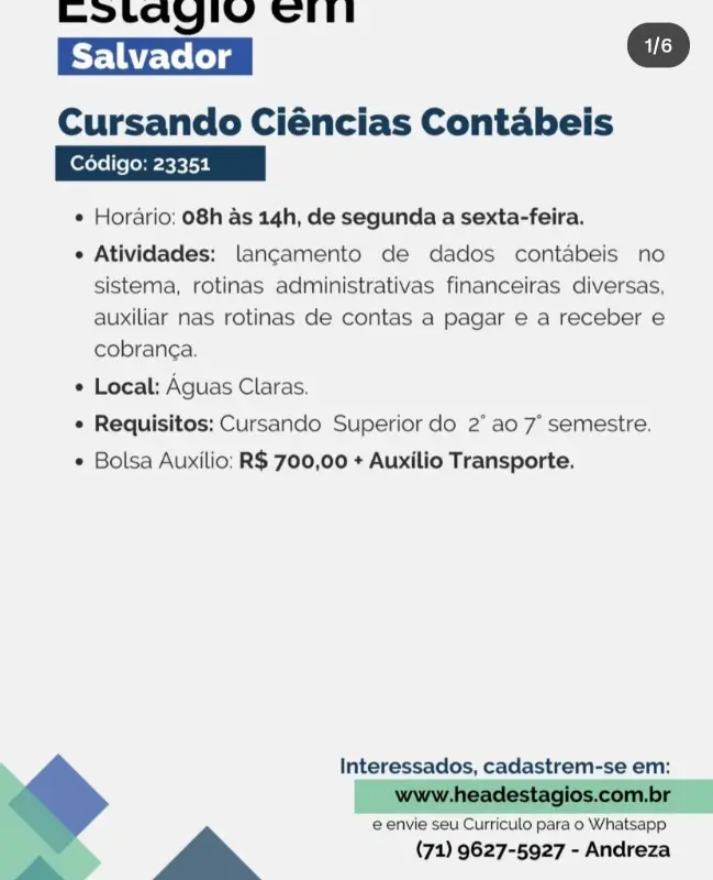 1 Vaga de emprego para Estágio Ciências Contábeis na empresa Head Estágios em 09/09