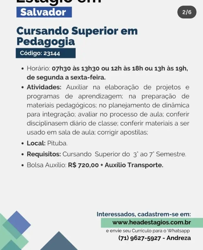 1 Vaga de emprego para Estágio Pedagogia na empresa Head Estágios em 09/09