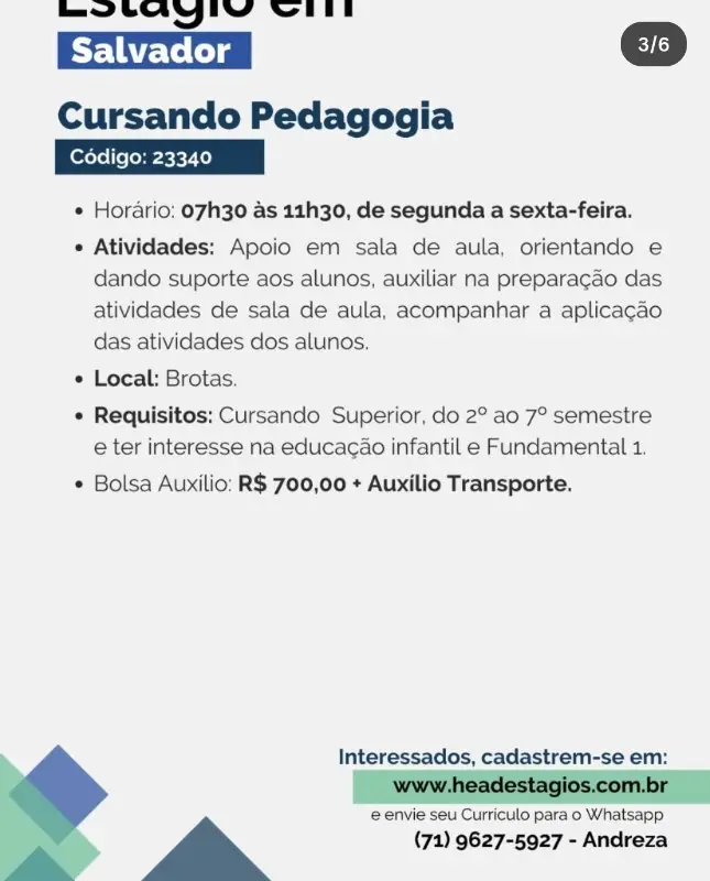 1 Vaga de emprego para Estágio Pedagogia na empresa Head Estágios em 09/09