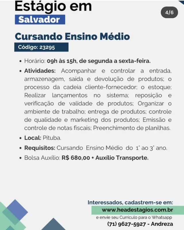 1 Vaga de emprego para Estágio Ensino Médio na empresa Head Estágios em 09/09
