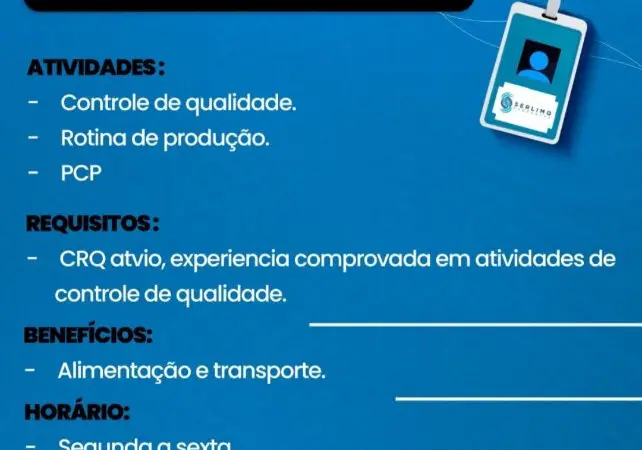 1 Vaga de emprego para Técnico Química na empresa Serlimp Saneantes em 09/09