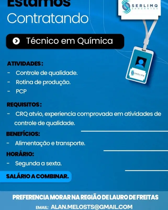 1 Vaga de emprego para Técnico Química na empresa Serlimp Saneantes em 09/09