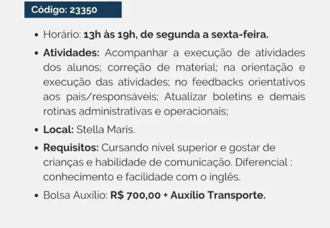 1 Vaga de emprego para Estágio Pedagogia, Letras Ou Matemática na empresa Head Estágios em 09/09