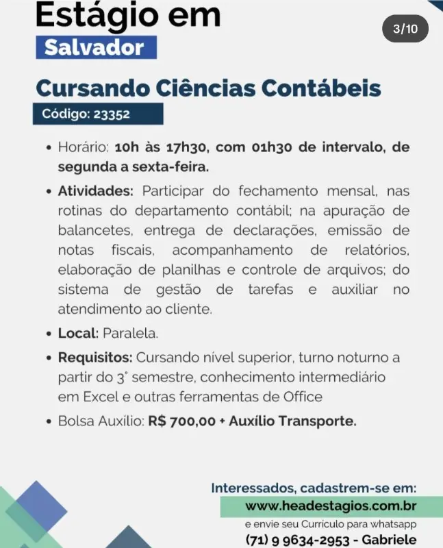 1 Vaga de emprego para Estágio Ciências Contábeis na empresa Head Estágios em 09/09