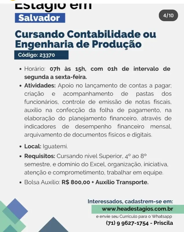1 Vaga de emprego para Estágio Contabilidade Ou Engenharia De Produção na empresa Head Estágios em 09/09