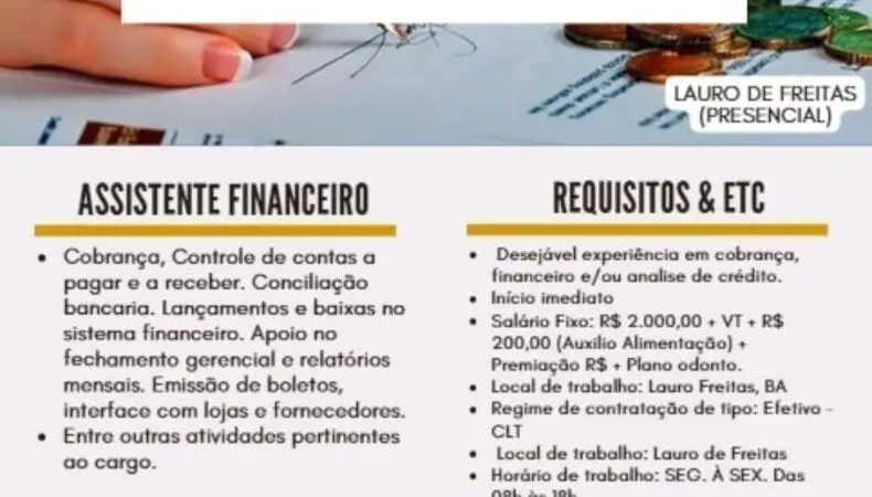1 Vaga de emprego para Assistente Financeiro sem experiência na empresa Allyada.rh em 09/09