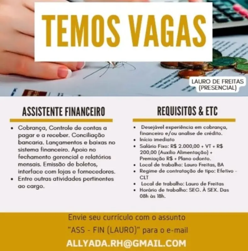 1 Vaga de emprego para Assistente Financeiro sem experiência na empresa Allyada.rh em 09/09