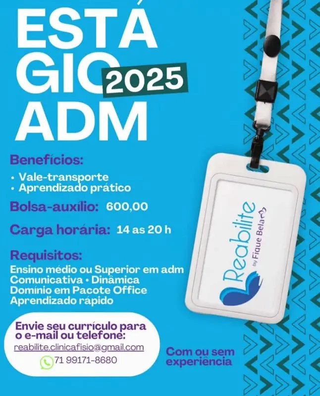 1 Vaga de emprego para Estágio Adm sem experiência na empresa Reabilite by Fique Bela em 09/09