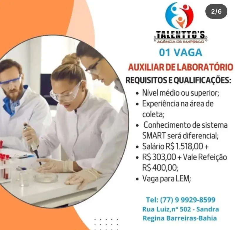 1 Vaga de emprego para Auxiliar De Laboratório na empresa Talentto’s Agencia de Emprego em 09/09