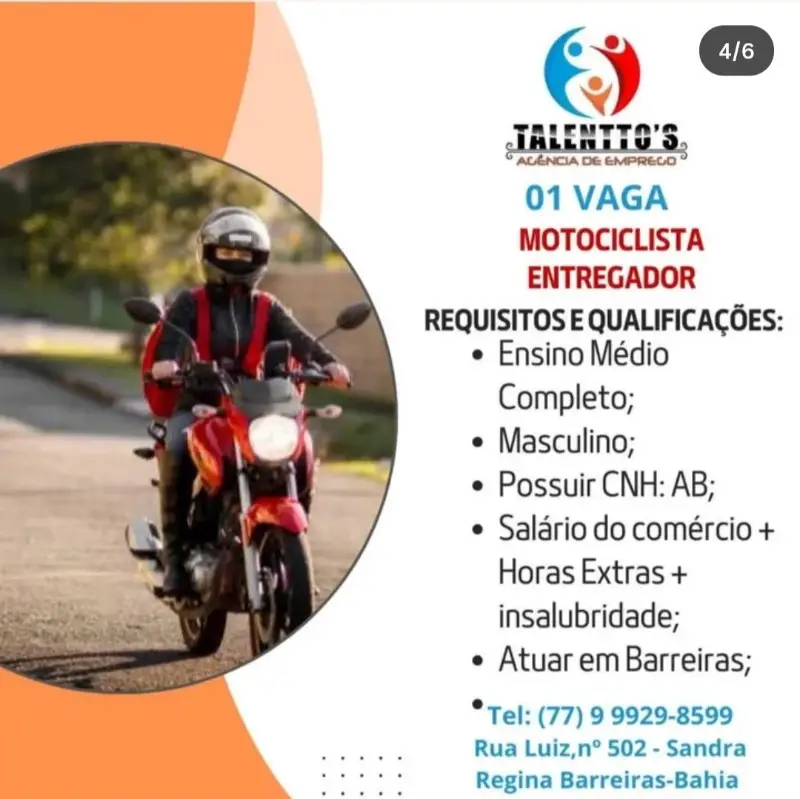 1 Vaga de emprego para Motociclista Entregador na empresa Talentto’s Agencia de Emprego em 09/09