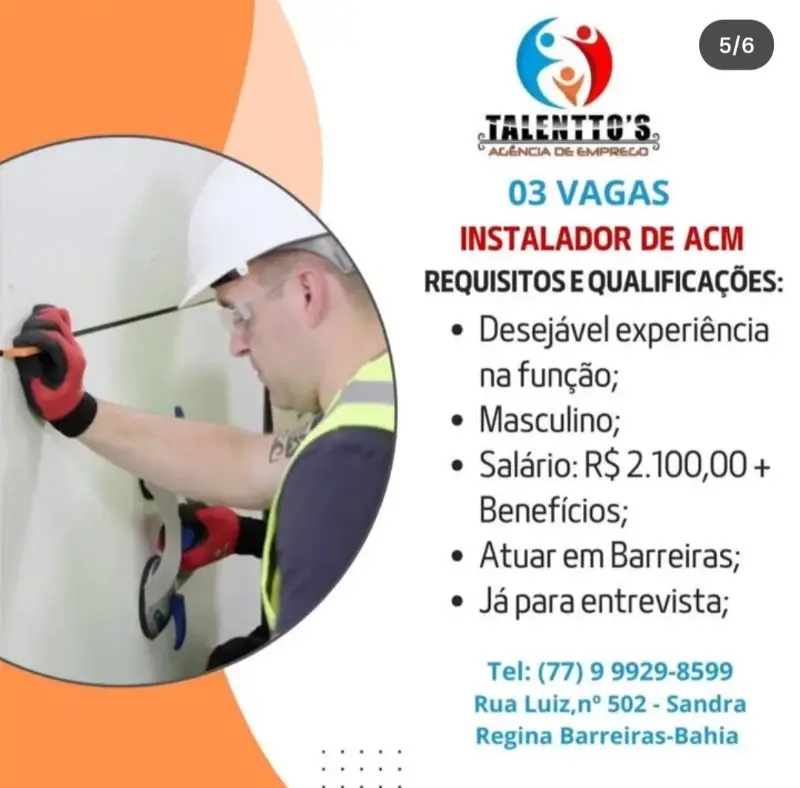 1 Vaga de emprego para Instalador De Acm sem experiência na empresa Talentto’s Agencia de Emprego em 09/09