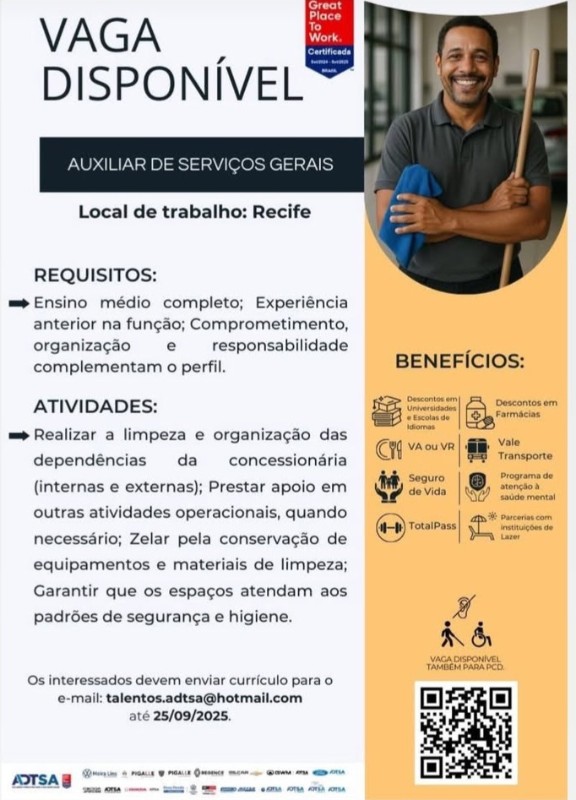 1 Vaga de emprego para Auxiliar De Serviços Gerais na empresa ADTSA em 20/09