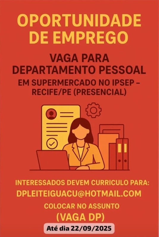 1 Vaga de emprego para Departamento Pessoal no Segmento de supermercado em 20/09