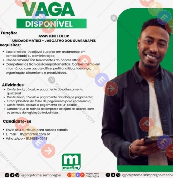 1 Vaga de emprego para Assistente De Departamento Pessoal sem experiência na empresa Marfim em 20/09