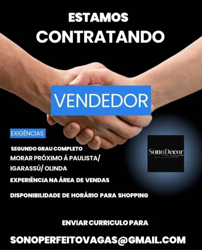 1 Vaga de emprego para Vendedor na empresa Sono Decor em 20/09