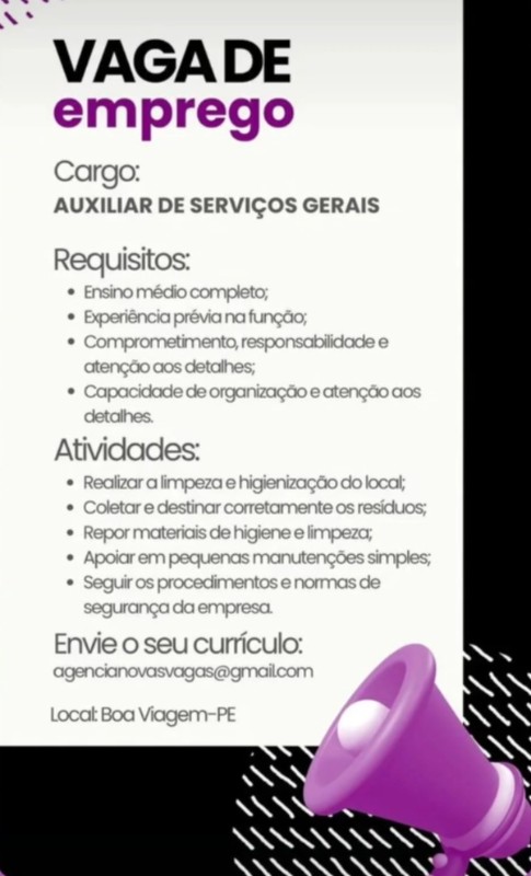 1 Vaga de emprego para Auxiliar De Serviços Gerais no Bairro de Boa Viagem em 20/09