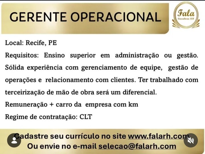 1 Vaga de emprego para Gerente Operacional na empresa Fala RH em 20/09