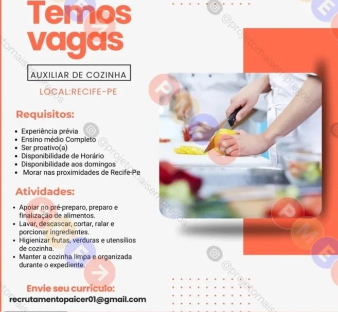 1 Vaga de emprego para Auxiliar De Cozinha no Segmento alimentício em 20/09