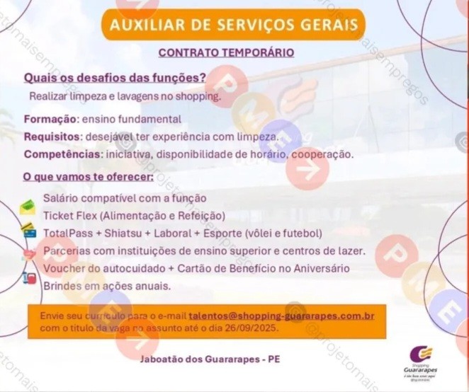 1 Vaga de emprego para Auxiliar De Serviços Gerais sem experiência na empresa Shopping Guararapes em 20/09