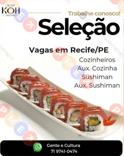 4 Vagas de emprego para Cozinheiro, Auxiliar De Cozinha, Sushiman, Auxiliar De Sushiman na empresa Restaurante Miss Koh em 20/09