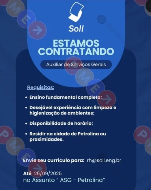 1 Vaga de emprego para Auxiliar De Serviços Gerais sem experiência na empresa Soll em 20/09