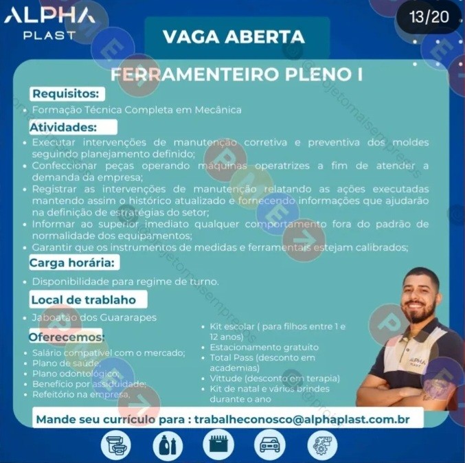 1 Vaga de emprego para Ferramenteiro Pleno sem experiência na empresa Alpha Plast em 20/09