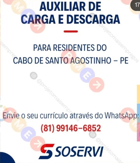 1 Vaga de emprego para Auxiliar De Carga E Descarga na empresa Soservi em 20/09