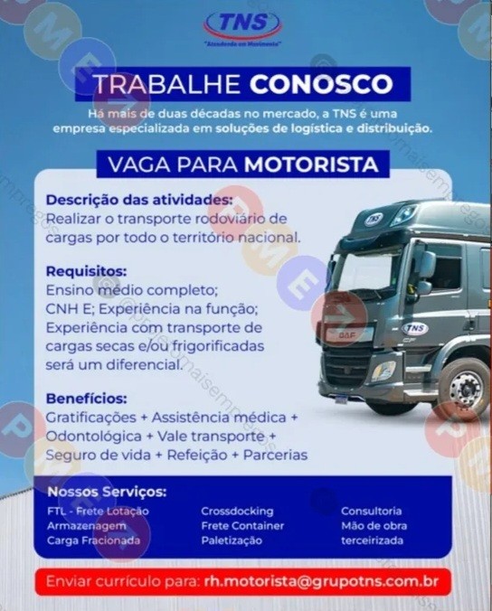 1 Vaga de emprego para Motorista na empresa TNS em 20/09