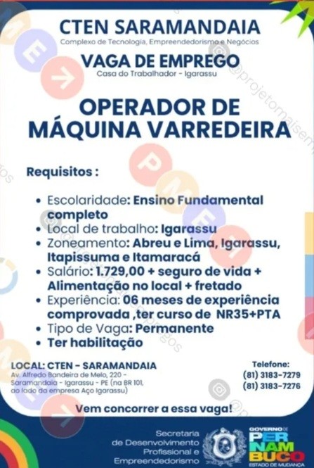 1 Vaga de emprego para Operador De Máquina Varredeira na empresa CTEN Saramandaia em 20/09