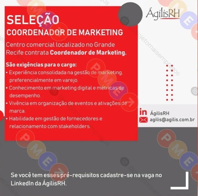 1 Vaga de emprego para Coordenador De Marketing na empresa Ágilis RH em 20/09