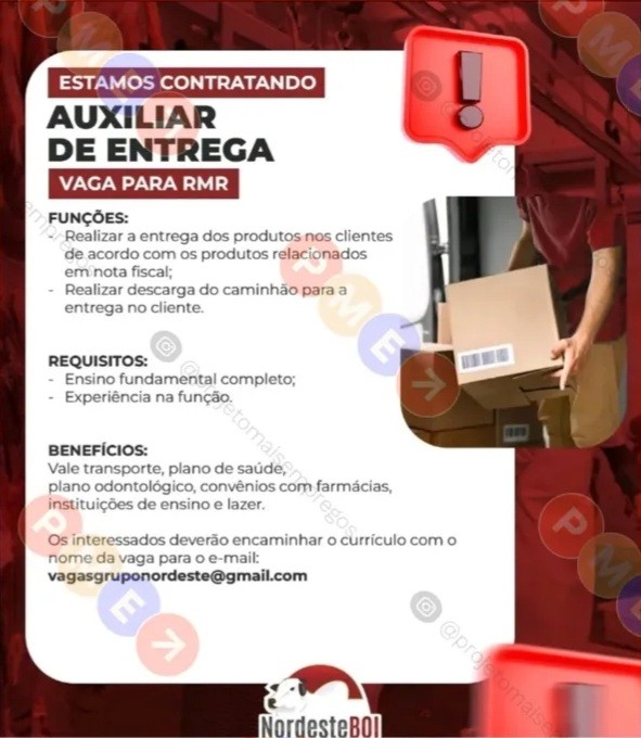 1 Vaga de emprego para Auxiliar De Entrega na empresa Nordeste Boi em 20/09