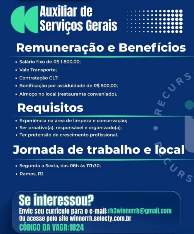 1 Vaga de emprego para Auxiliar De Serviços Gerais na empresa Winner Rh, Ramos Rj em 22/09