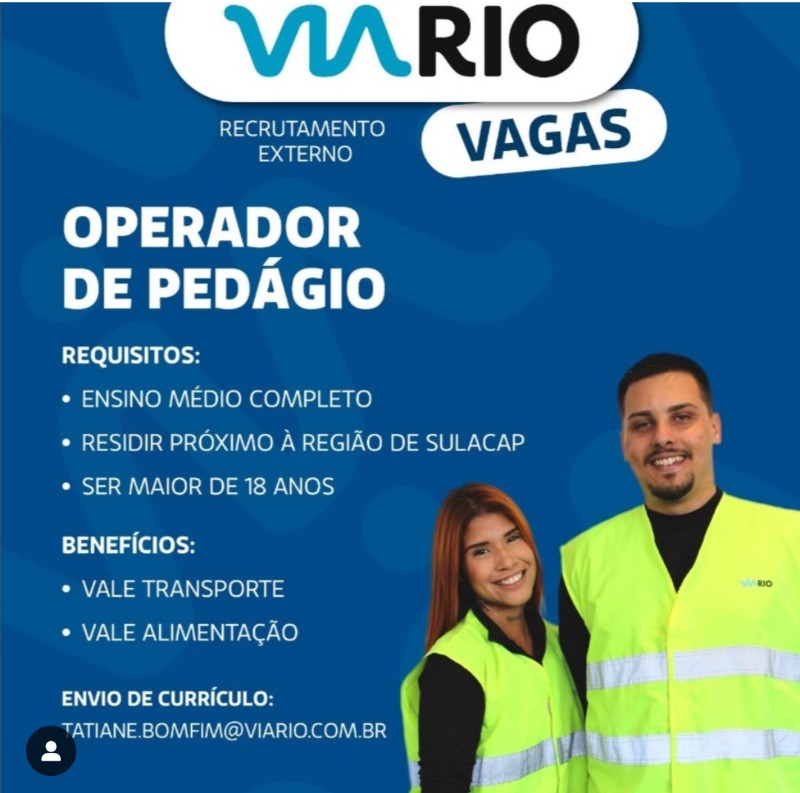 1 Vaga de emprego para Operador De Pedágio, Operadora De Pedágio na empresa Via Rio, Região De Sulacap em 22/09