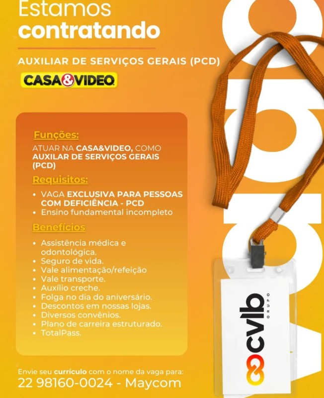 1 Vaga de emprego para Auxiliar De Serviços Gerais Pcd na empresa Grupo Cvl, Casa Video em 22/09