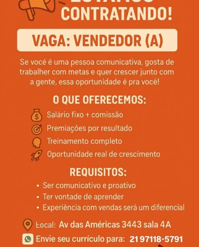 1 Vaga de emprego para Vendedor, Vendedora sem experiência na Cidade Rio de Janeiro em 22/09