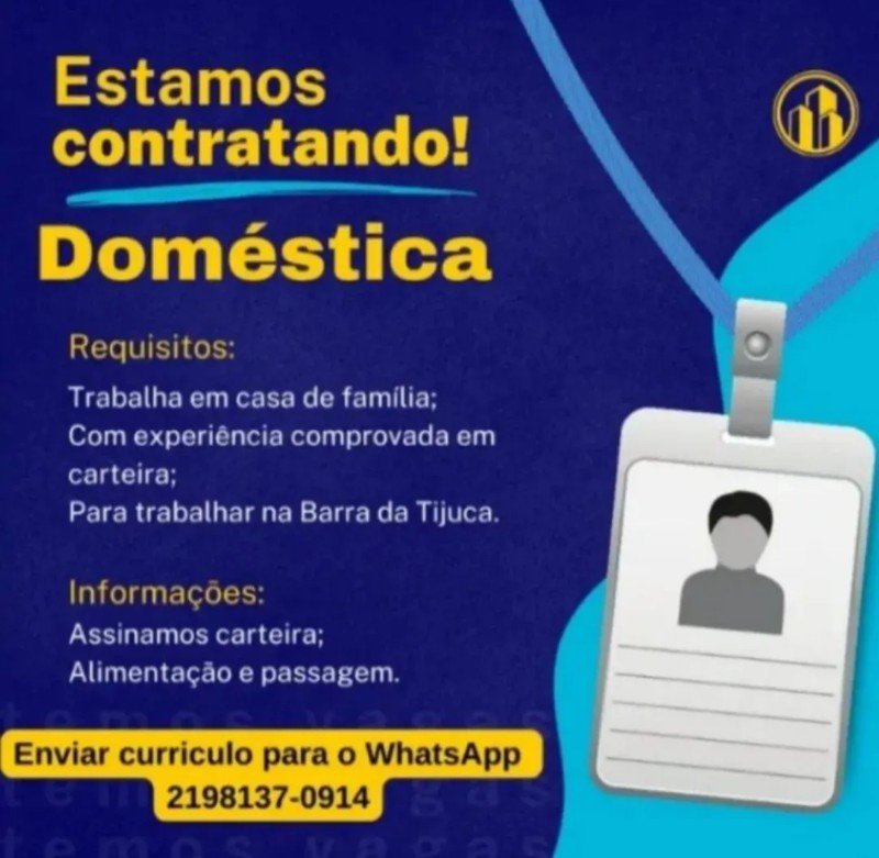 1 Vaga de emprego para Doméstica no Bairro Barra da Tijuca em 22/09