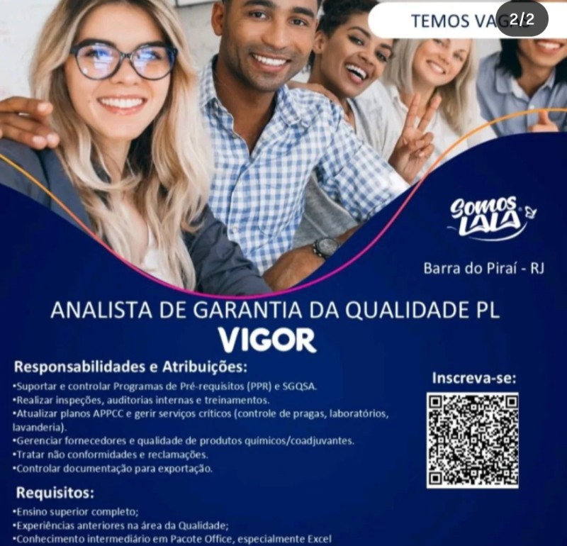 1 Vaga de emprego para Analista De Garantia Da Qualidade Pl na empresa Vigor, Barra Do Piraí Rj em 22/09