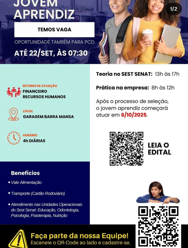 1 Vaga de emprego para Jovem Aprendiz na empresa Sest Senat, Barra Mansa em 22/09
