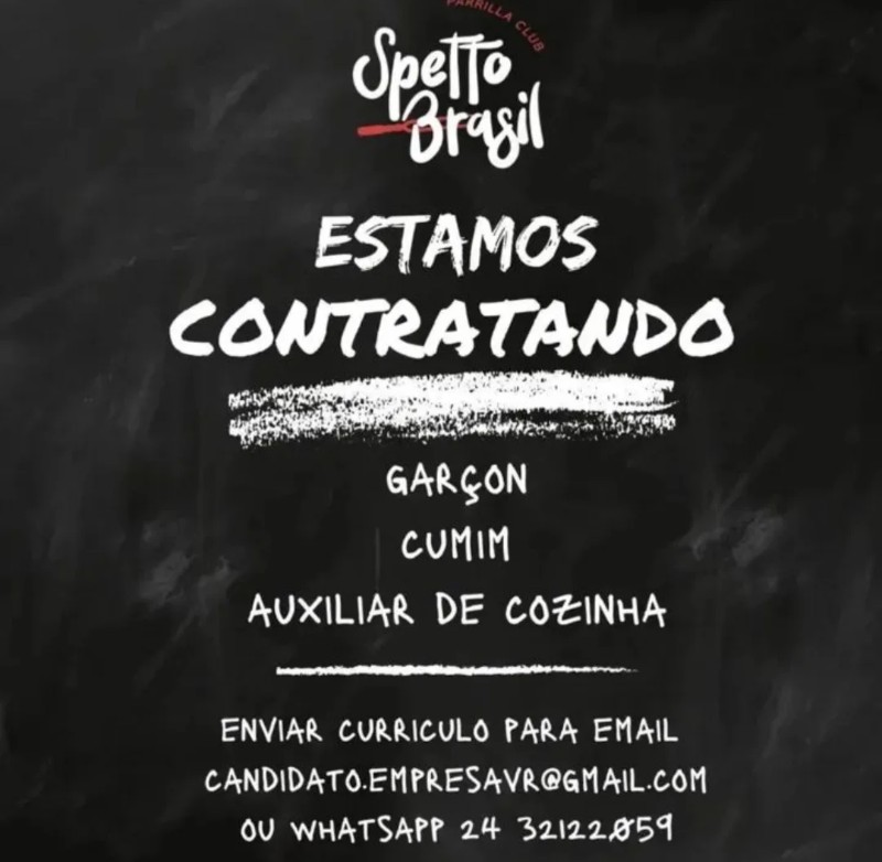 3 Vagas de emprego para Garçon, Cumim, Auxiliar De Cozinha na empresa La Club Spetto Brasil em 22/09