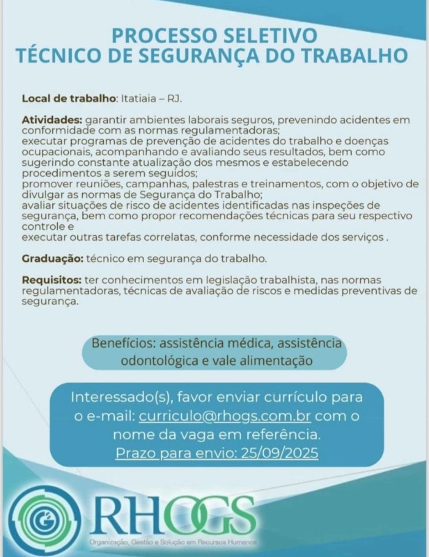1 Vaga de emprego para Técnico De Segurança Do Trabalho na empresa Rhogs, Itatiaia Rj em 22/09