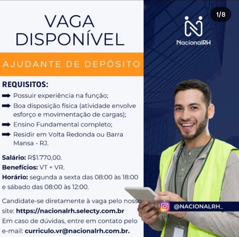 1 Vaga de emprego para Ajudante De Depósito na empresa Nacional Rh, Volta Redonda Ou Barra Mansa Rj em 22/09