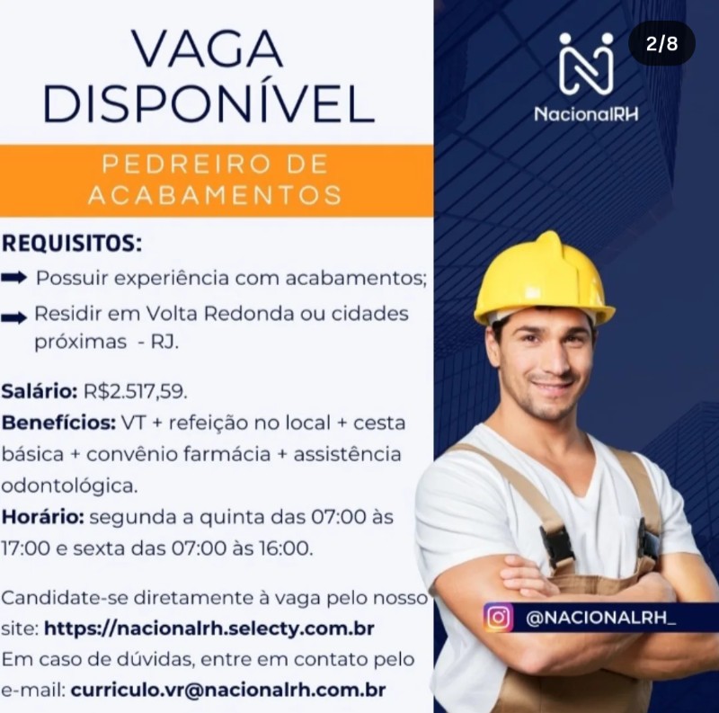 1 Vaga de emprego para Pedreiro De Acabamentos na empresa Nacional Rh, Volta Redonda Rj em 22/09