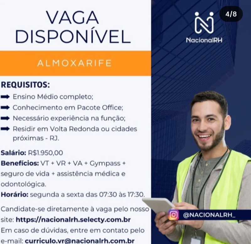 1 Vaga de emprego para Almoxarife na empresa Nacional Rh, Volta Redonda Rj em 22/09