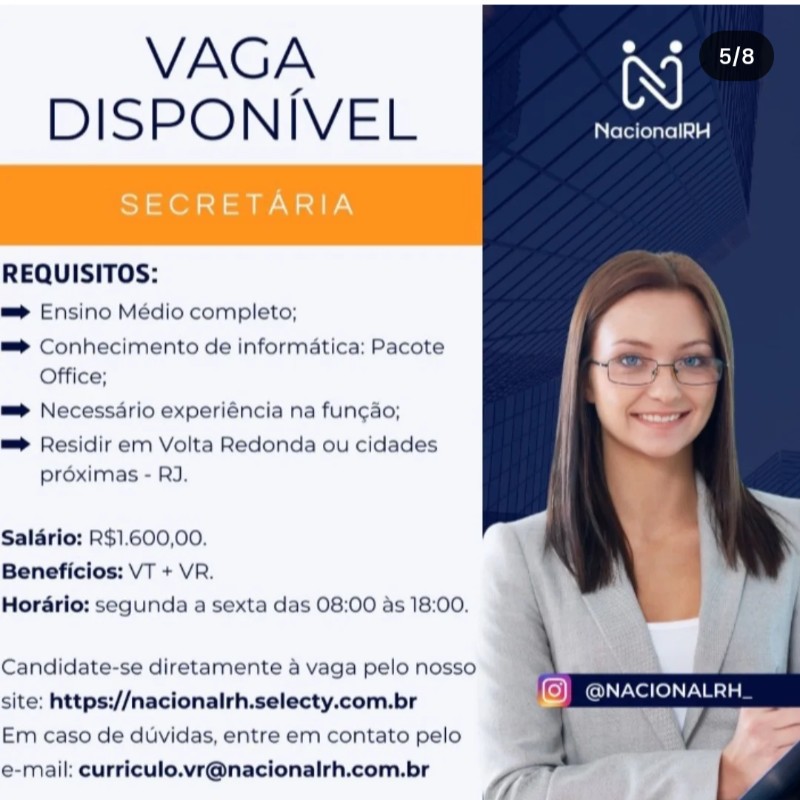 1 Vaga de emprego para Secretária na empresa Nacional Rh, Volta Redonda Rj em 22/09
