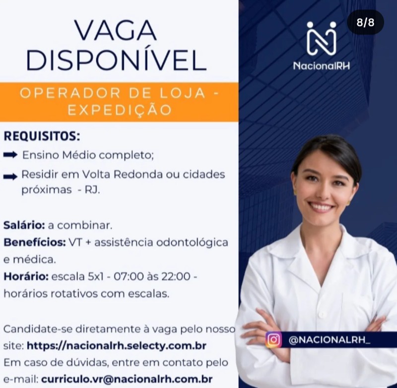 1 Vaga de emprego para Operador De Loja, Operadora De Loja na empresa Nacional Rh, Volta Redonda Rj em 22/09