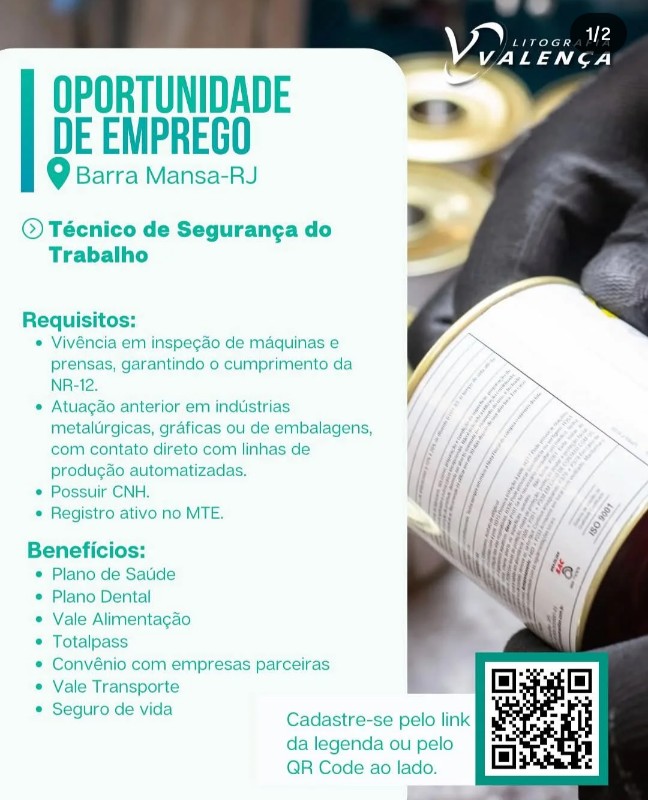 1 Vaga de emprego para Técnico De Segurança Do Trabalho na empresa Litografia Valença, Barra Mansa Rj em 22/09