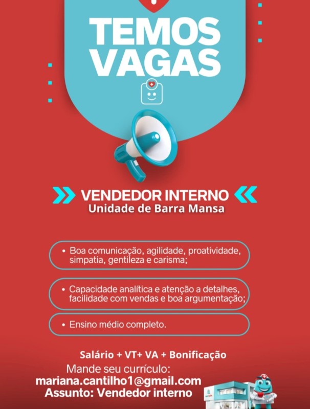 1 Vaga de emprego para Vendedor Interno na empresa Unidade De Barra Mansa em 22/09