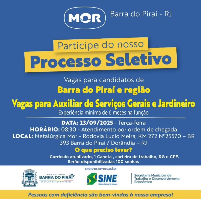 2 Vagas de emprego para Auxiliar De Serviços Gerais, Jardineiro na empresa Metalúrgica Mor, Barra Do Piraí em 22/09