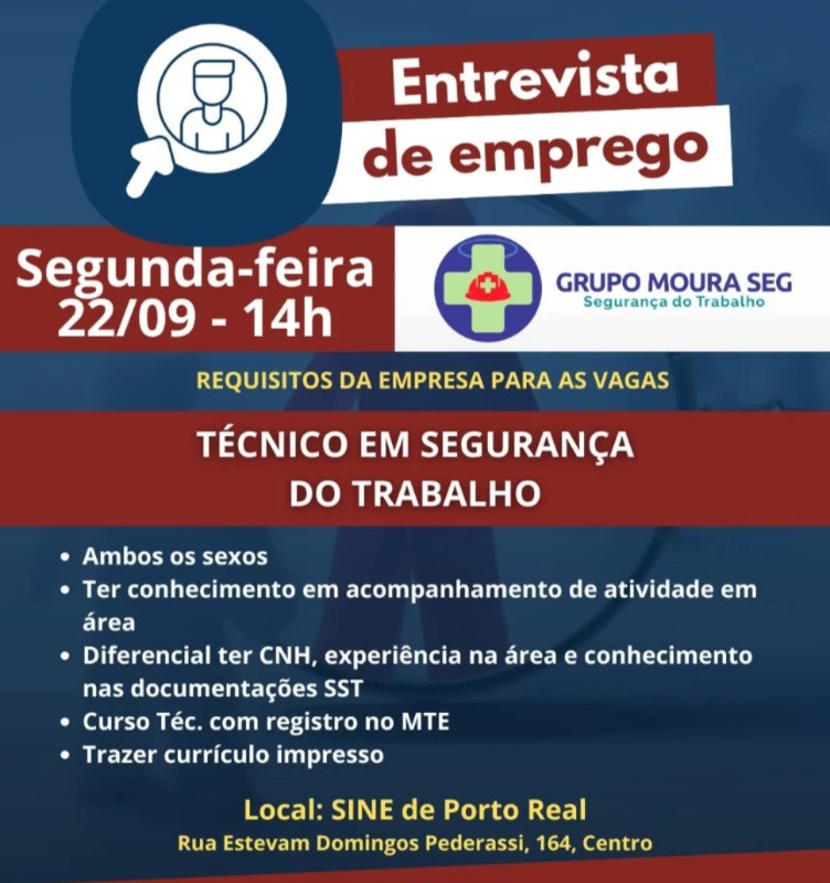 1 Vaga de emprego para Técnico Segurança Do Trabalho sem experiência na empresa Grupo Moura Seg, Porto Real em 22/09