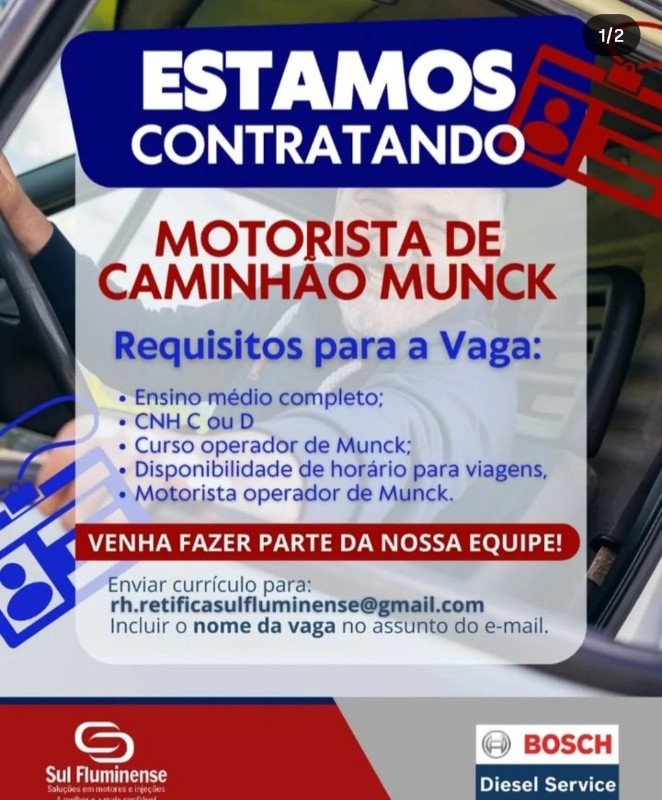 1 Vaga de emprego para Motorista De Caminhão Munck na empresa Sul Fluminense, Bosch Diesel Service em 22/09